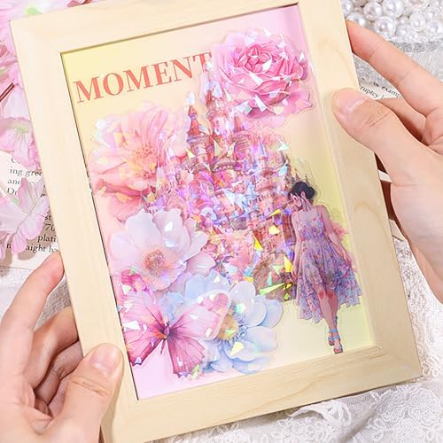 Doraking 60 Pieces Glitter Shiny Flower Stickers for Journaling Art Crafts | Waterproof Decorative Decal for Scrapbooking Supplies Journal Planners Photo Album Decor (Pink)
