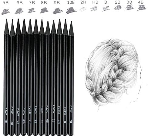 EVNEED Woodless Pencil Set,12 pcs Non-wood Graphite and Charcoal Sketching for Drawing,Writing,Shading,Color Black-Set of 12