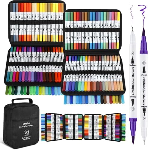 Ohuhu Adult Coloring Book Markers 160 Color Dual Tip Water-Based-Maui-White | No Bleed Coloring Markers Fineliner & Brush Drawing Pens Art Pens for Kids Adults Sketch Journal