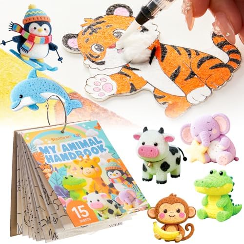 Shuttle Art 63 Pcs Magic Foam Texture Painting Kit Animal Series: 15 Animal Foam Pieces, Coloring Book with 15 Scenes, 12 Acrylic Paint Markers, Magical 3D Effect DIY Art Craft