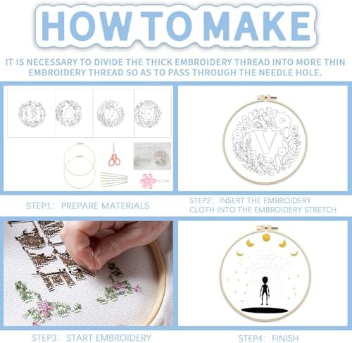 FREEBLOSS 4 Sets 11.6" Embroidery Kit for Beginners Needlepoint Embroidery Starter Kit with Flower Stamped Patterns, Instructions, Colored Threads, 2 Hoops