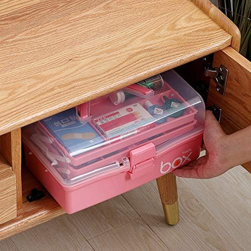 Kinsorcai 2PCS 12'' Three-Layer Clear Plastic Storage Box/Tool Box, Multipurpose Organizer and Portable Handled Storage Case for Art Craft and Cosmetic (Pink)