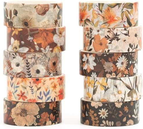 10 Rolls Blooming Flowers Washi Tape Set Floral Arts Adhesive Tapes Colorful Garden Decorative Masking Tape Sets for Craft, Kids, Scrapbook, DIY, Gift Wrapping (5-Browns)