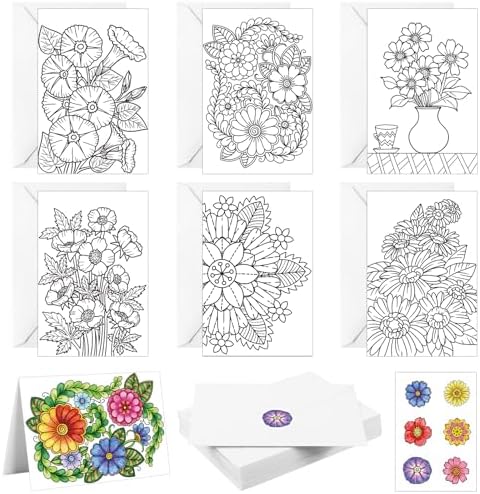 Gueevin 24 Pcs Flowers Coloring Greeting Cards with Envelopes, 4x6