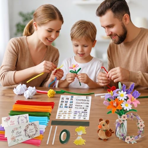 800 PCS Pipe Cleaners Flower Kit - 8 Colors Thickened Chenile Stems Craft Kit with Stems, Tape, Stamens, Manual, Greeting Card, Beauty DIY Flowers Gifts for Family Crafts, Party Holiday Decor
