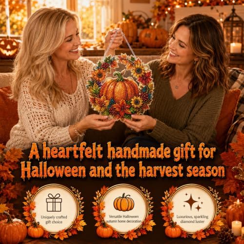 Autumn Harvest Pumpkin Diamond Art Hanging Ornament Kit, Halloween Diamond Art Hanging Kits, DIY Diamond Art Hanging Sign, Acrylic Diamond Painting Window Hanging Decor for Home, Garden,Porch,Mantel