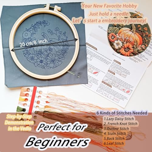 FONNUY Pumpkin Embroidery Kit for Beginners, Pre-Stamped Pattern Kits for Adults with Hoop, Easy to Follow Color Thread Needlework, 8'' Hoop (Yellow)