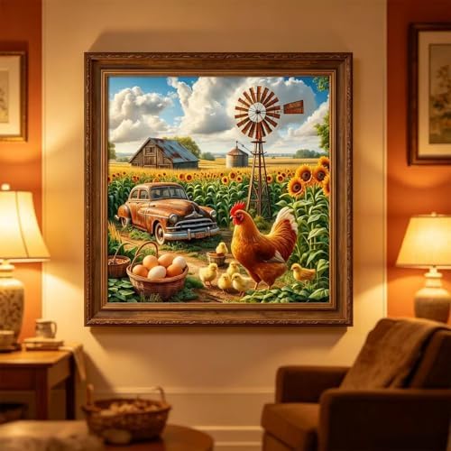 Accompany Wind Chicken Diamond Art Kits for Adults, 5D Farm Scenery Diamond Painting Kits for Beginners,DIY Round Full Drill Diamonds Gem Art Crafts for Home Wall Decor Gifts 14x14 Inch