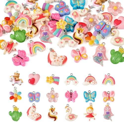 Cheriswelry 36pcs Butterfly Cactus Flower Pendants Cute Rabbit Heart Resin Dangle Charms Lovely Earring Making Charms Hang Ornament 15~30mm for DIY Craft Necklace Jewelry Making