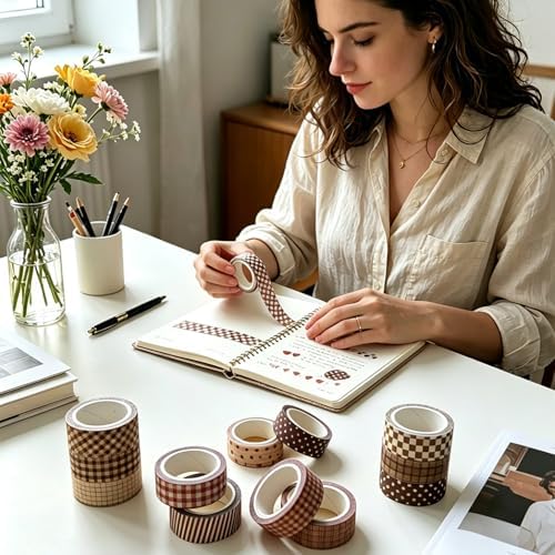 12 Rolls Vintage Plaid Washi Tape Set, Brown and Red15mm Wide