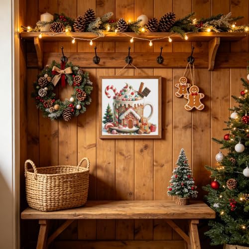 KYOQFVN Christmas Gingerbread Cocoa Mug Stamped Cross Stitch Kits, Embroidery Kits for Beginners Adults, 11 CT Needlepoint Counted Cross Stitch Kits for Beginners Arts Craft 14x14 inch