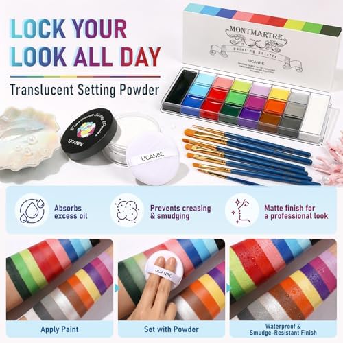 UCANBE 20 Colors Oil-Based Face Body Paint Kit, 10 Brushes & Setting Powder