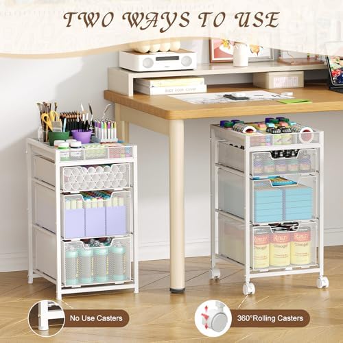 Rolling Utility Cart with 3 Drawers, Craft Organizer and Storage with DIY Divider, Lockable Wheels, Multi-Functional Storage for Art Supplies, Store for Brushes & Paints & Artifacts,White