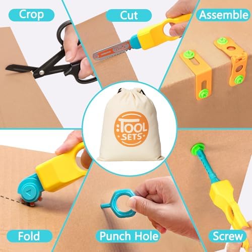 Cardboard Tools for Kids, 129 PCS Cardboard Construction Kit, Kids Building Set with Safe Serrated Cutter, Crease Roller, Screws & Nuts, Creative STEM Educational Toys Gift for Boys and Girls Age 5+