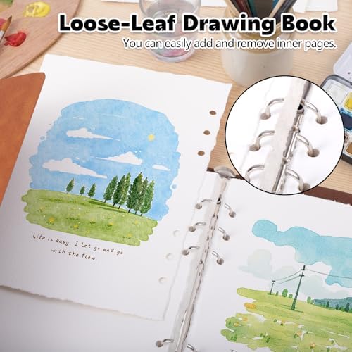 Watercolor Journal, 24 Sheets, 5.5 x 8.1 in, Khaki Leather Cover