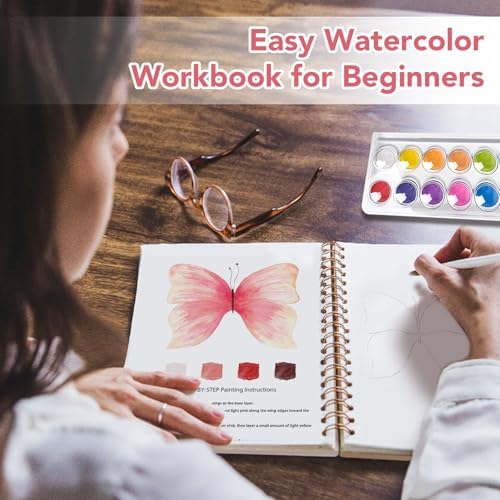 Easy Watercolor Workbook for Beginners - 12 Beautiful Step-by-Step Paintings Water Coloring Book, Includes 16 Colors Paints, Relaxing Art Projects and Creative Gift for Adults & Teen (Butterflies)