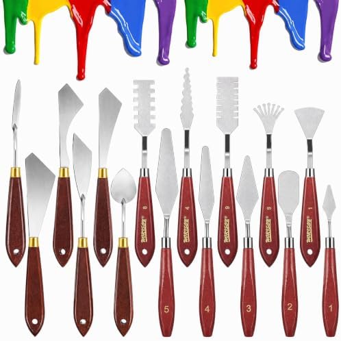 Honoson 16 Pieces Palette Knife Set Stainless Steel Painting Knives with Wood Handles for Acrylic Oil Painting Canvas Texturing Impasto Color Mixing & Blending Art Supplies for Artists and Beginners