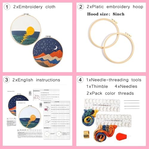 Armindou Hand Embroidery DIY Kits for Beginners Adults, Sea Sunrise Embroidery Set Needlepoint Kits, Stamped Cross Stitch Kits for Beginners Adults, 2 Embroidery Hoops, Fabric(Attached Video Tutorial)