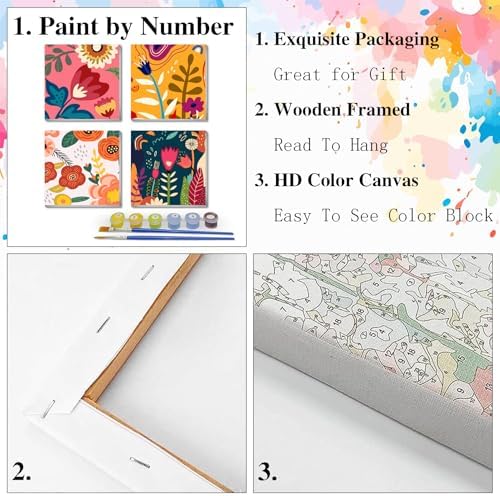 eimivrc 4 Pack Paint by Numbers Kit for Adults Framed,Flowers Paint by Numbers for Adults Beginner,DIY Acrylic Oil Painting for Home Wall Decor(8x8inch)