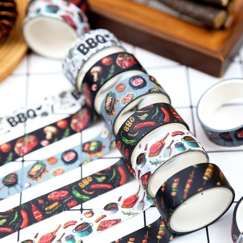 12 Rolls Watercolor BBQ Themed Washi Tape Set,6 Design Grilling Decorative Tape Summer Food Theme Masking Tape for Journaling Supplies, Scrapbooking, DIY Arts & Crafts, Planner, Gift Wrapping