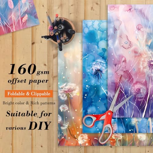 24 Sheets Scrapbook Paper Pad Cardstock, 6 x 6 Inch Colorful Dandelion Patterned Designed Decorative Decoupage for Card Making Folded Material Gift Wrapping Journals DIY Crafts Photo Album