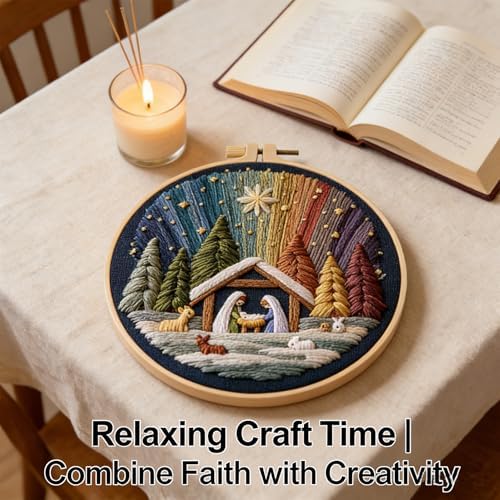 BoAn DIY Embroidery Kit for Adults, Nativity Cross Stitch Craft with Hoop