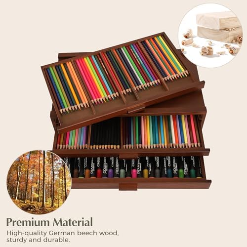 VISWIN Upgraded 3-Drawer Wood Artist Supply Storage Box with Removable Dividers, Premium Beech Wood Art Storage Box, Portable Organizer Box for Paints, Pastels, Pencils, Brushes and Art Supplies