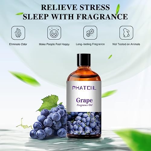 PHATOIL Grape Fragrance Oil for Diffuser Aromatherapy 3.38FL.OZ | Long Lasting Scented Oils For Humidifier, Air Freshener, DIY Soap Candle, Scent Project Making, Aroma Oil for Home Freshening