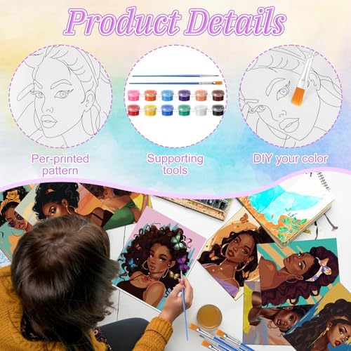 Blosssound 10 Set Pre Printed Canvas Pre Drawn Canvas Painting with Easel Kits 5" x 7" Outline Painting Panels for Beginners, DIY Craft Project, Home Decors(Black Women)