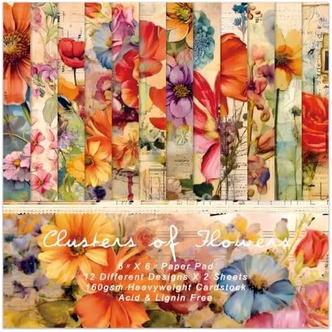 Vintage Floral Scrapbook Paper Pad, 24 Sheets 6''x 6'' Flowers Patterned Designed Decorative Decoupage for Wedding Folded Card Material Gift Wrapping Planners Journals DIY Crafts Photo Album