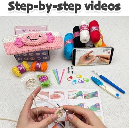 Axolotl Crochet Kit for Beginners, Learn to Crochet Pencil Bag Starter Set with Video Tutorial & Crocheting Manual, Easy Yarn Knitting Kit for Adult, DIY Amigurumi Birthday Xmas Gift Idea