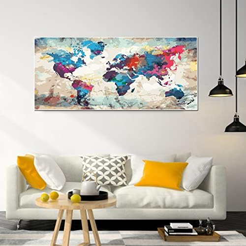 YALKIN Paint by Number Kits for Adults on Canvas, Large Oil Acrylic Painting Kit 15.8x35.5in World Map Easy DIY Paintwork for Beginners, Without Frames