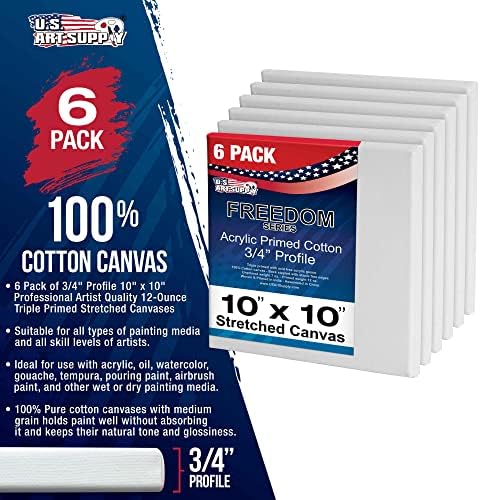 U.S. Art Supply 10"x10" Stretched Canvas for Painting, 3/4" Profile, 6-Pack