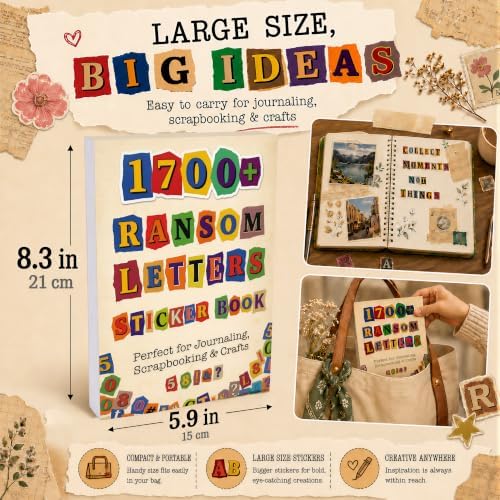 1700+Pcs Alphabet Sticker Book for Scrapbook Album, Ransom Note Stickers No Repeats, 32 Sheets Magazine Letters Die-cut for Junk Journal Supplies, Large stickers for Scrapbooking Card Making DIY Craft