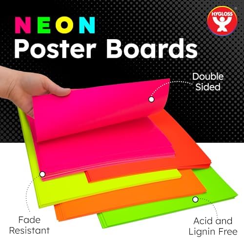 Hygloss Medium Poster Board 11x14 - 25 Assorted Neon Color Bulk Pack - 10 Pt. Thickness Colored Poster Board Paper for Projects, Signs, Displays - Posterboard Multipack 11" x 14"