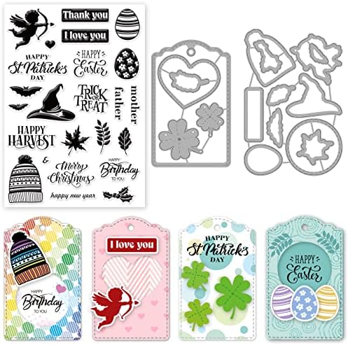 INFUNLY Merry Christmas Clear Stamps and Dies Sets for Card Making Tag Cutting Die Stencils for DIY Scrapbooking Happy New Year Transparent Rubber Clear Stamp for Holiday Gifts