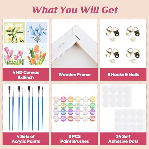 Flowers Paint by Number for Adults Beginners and Kids, 4 Pack DIY Adult Paint by Number Kits on Canvas Framed, Color by Numbers Acrylic Oil Painting Number Kits Crafts for Home Wall Decor 8x8inch