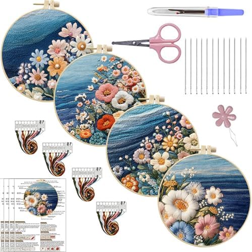 SCECALA 4 Sets Ocean Floral Embroidery Kit