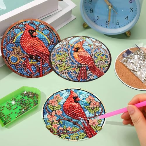 Christmas Cardinal Diamond Art Coasters Kit,8 Pcs Diamond Painting Coasters