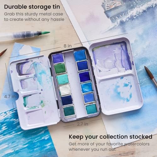 ARTEZA Watercolor Paint Set, 12 Ocean Colors, Half Pans in Travel Tin