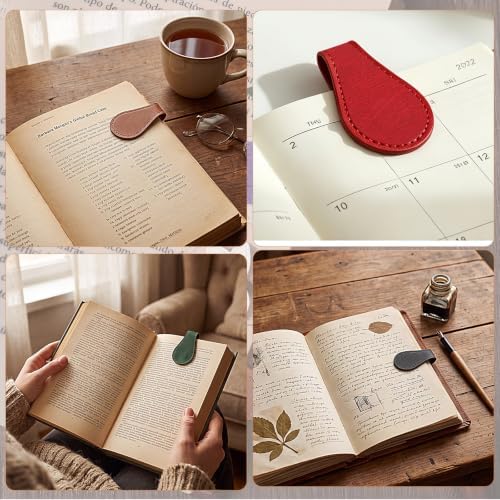 4Pcs Magnetic Leather Bookmark PU Leather Page Marker for Books Planner Journal Bible Reader Gift Reading Accessory