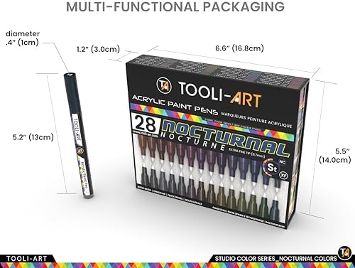 28 Dark Nocturnal Colors Acrylic Paint Pens Studio Color Series Markers Set 0.7mm Extra Fine Tip, Rock Painting, Glass, Mugs, Wood, Metal, Canvas, DIY, Detailing. Non Toxic, Waterbased, Quick Drying