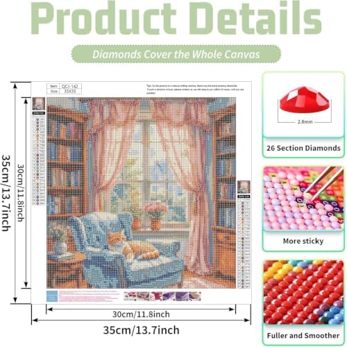 Accompany Wind Book Diamond Art Kits for Adults, 5D Cat Diamond Painting Kits for Beginners,DIY Round Full Drill Diamonds Gem Art Crafts for Home Wall Decor Gifts 14x14 Inch