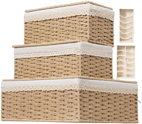 Nonam Rattan Divided Storage Basket with Lid, Set of 3, Natural