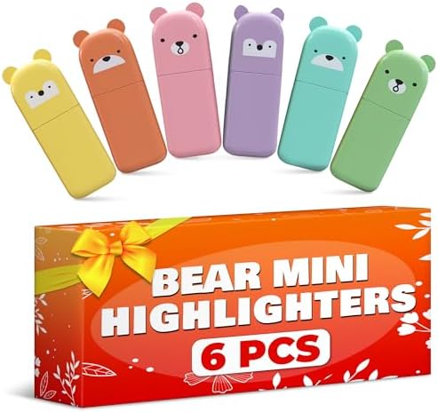6 Pcs Small Highlighters for Kids, Cute Bear Design, Multi Colored