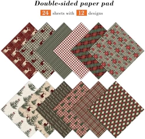 Christmas Decorative Scrapbook Paper Pad - 12x 12in 24 Sheets Patterns Designed Decoupage Supplies for Journaling Folded Cardstock Making Origami DIY Crafts Gift Wrapping Material