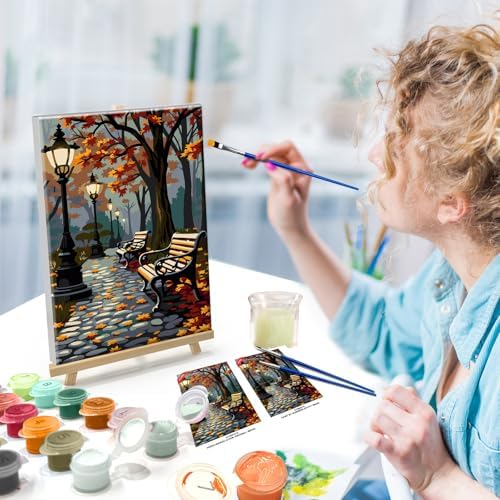 ATDMS Paint by Numbers Kit for Adults with Frame Autumn Landscape Paint by Number with Easel Forest Adult Paint by Number Kits Framed Canvas DIY Acrylic Oil Painting kits for Home Wall Decor 8x12 Inch