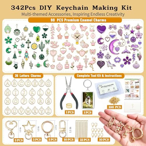 Kupor 342Pcs DIY Keychain Making Kit – 25 Keychains, Storage Box & Instruction,Great for Crafting Bag Charms, Keychain Charms Ideal for Craft Lovers (Eco-Friendly Materials) & Gift Shoppers