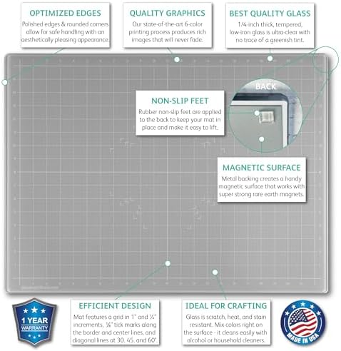 GLASSBOARD STUDIO Glass Craft Mat - Magnetic, Heat & Scratch Resistant - For Crafting, Cutting, Painting, Mixed Media Artwork - Grid Lines, Non-Slip Rubber Feet (Gray 24"L x 36"W)