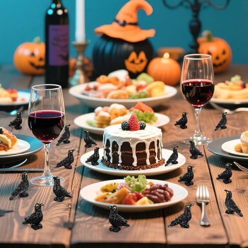 JUNEBRUSHS 50 Pcs Black Mini Resin Crow Halloween Table Decorations